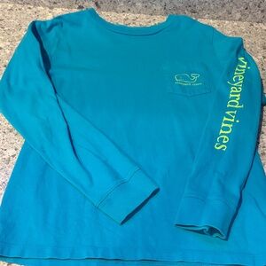 Vineyard Vines Kids Long-Sleeve Pocket Tee - Bright Teal with Yellow Logo